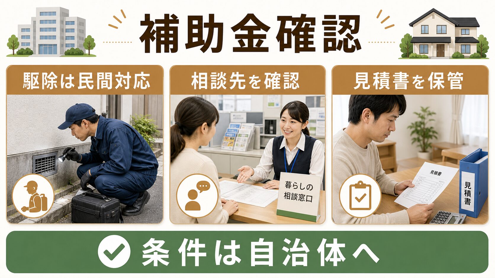 大分市のネズミ駆除で補助金や自治体への確認事項を整理した図解