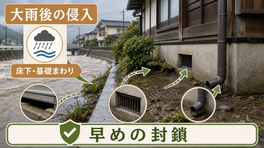 四万十川・仁淀川の増水時に農地から住宅へ移動するネズミ被害
