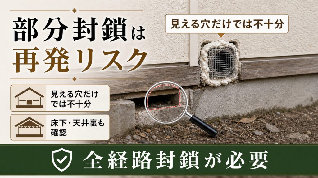 侵入口の封鎖が不完全な場合の再発リスクを示す図解