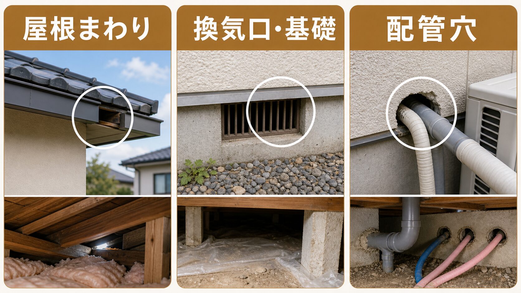 屋根まわりや換気口や配管穴などネズミが侵入しやすい箇所の図解