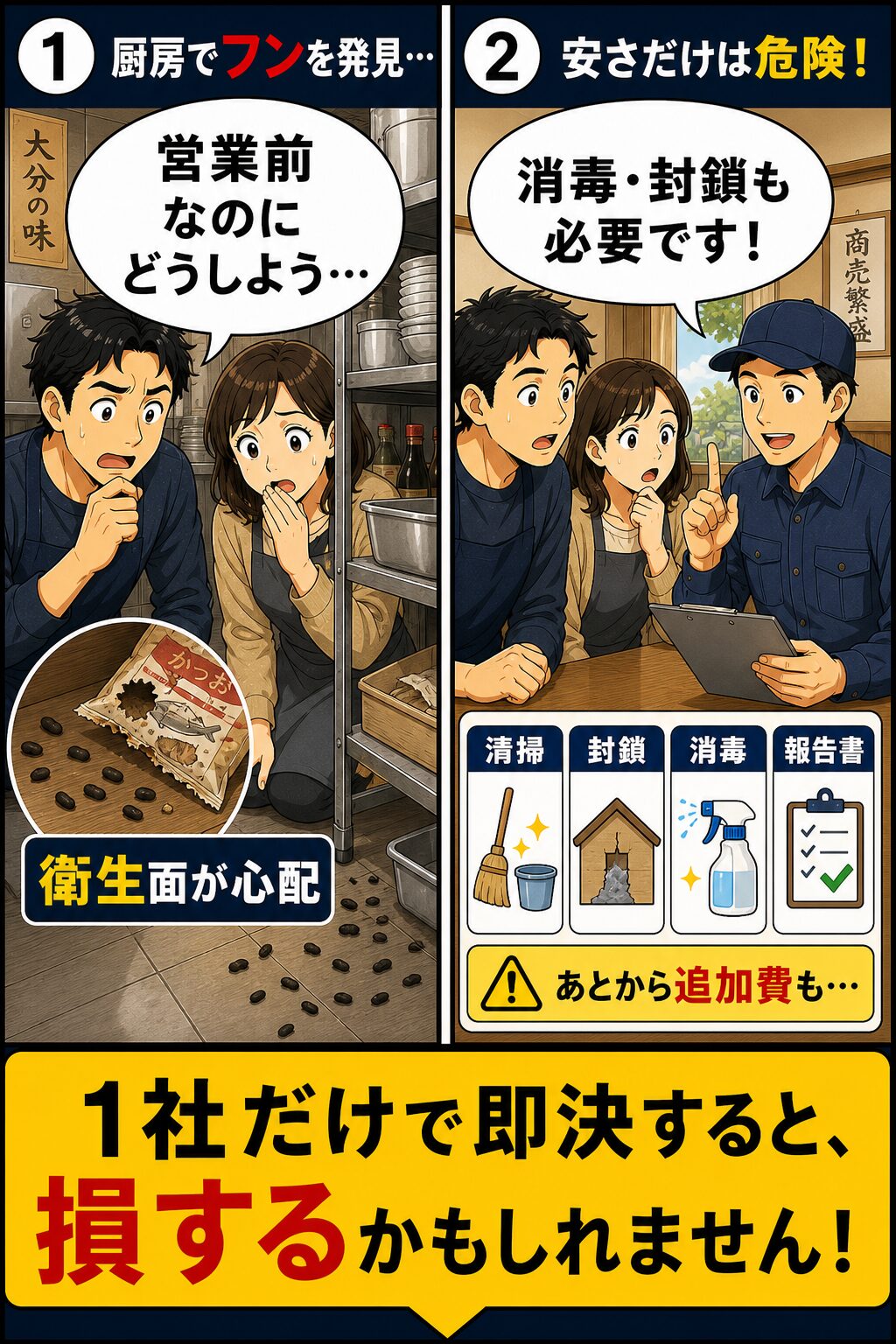 複数の業者に見積もりを取る飲食店のネズミ駆除漫画①