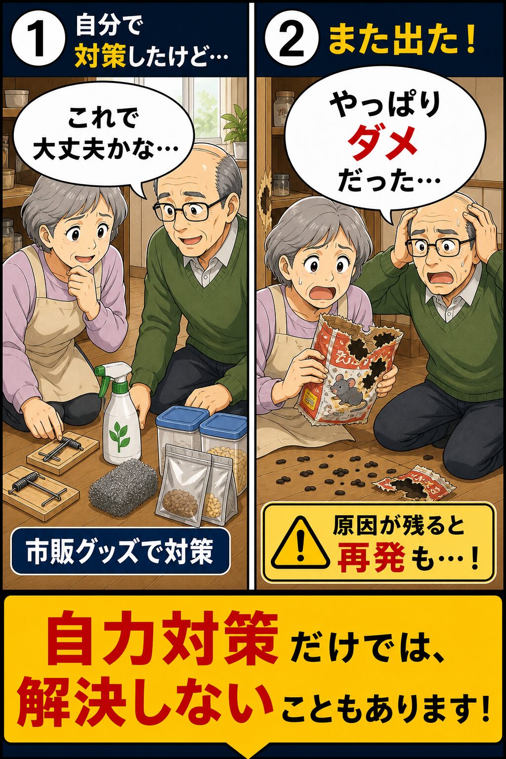 市販グッズで自力のネズミ対策を試したものの再発する漫画①