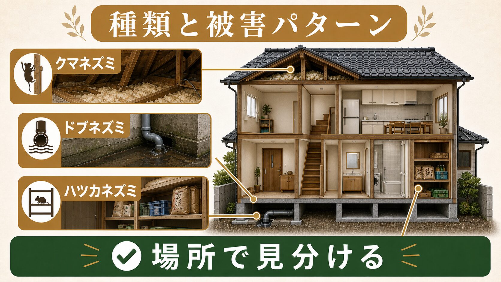 天井裏の足音、犯人はどれ？駆除ザウルスが教えるネズミ3種の見分け方のイメージ