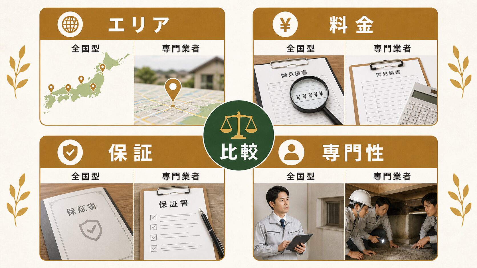 駆除ザウルスと専門業者、何が違う？早見表で比較のイメージ