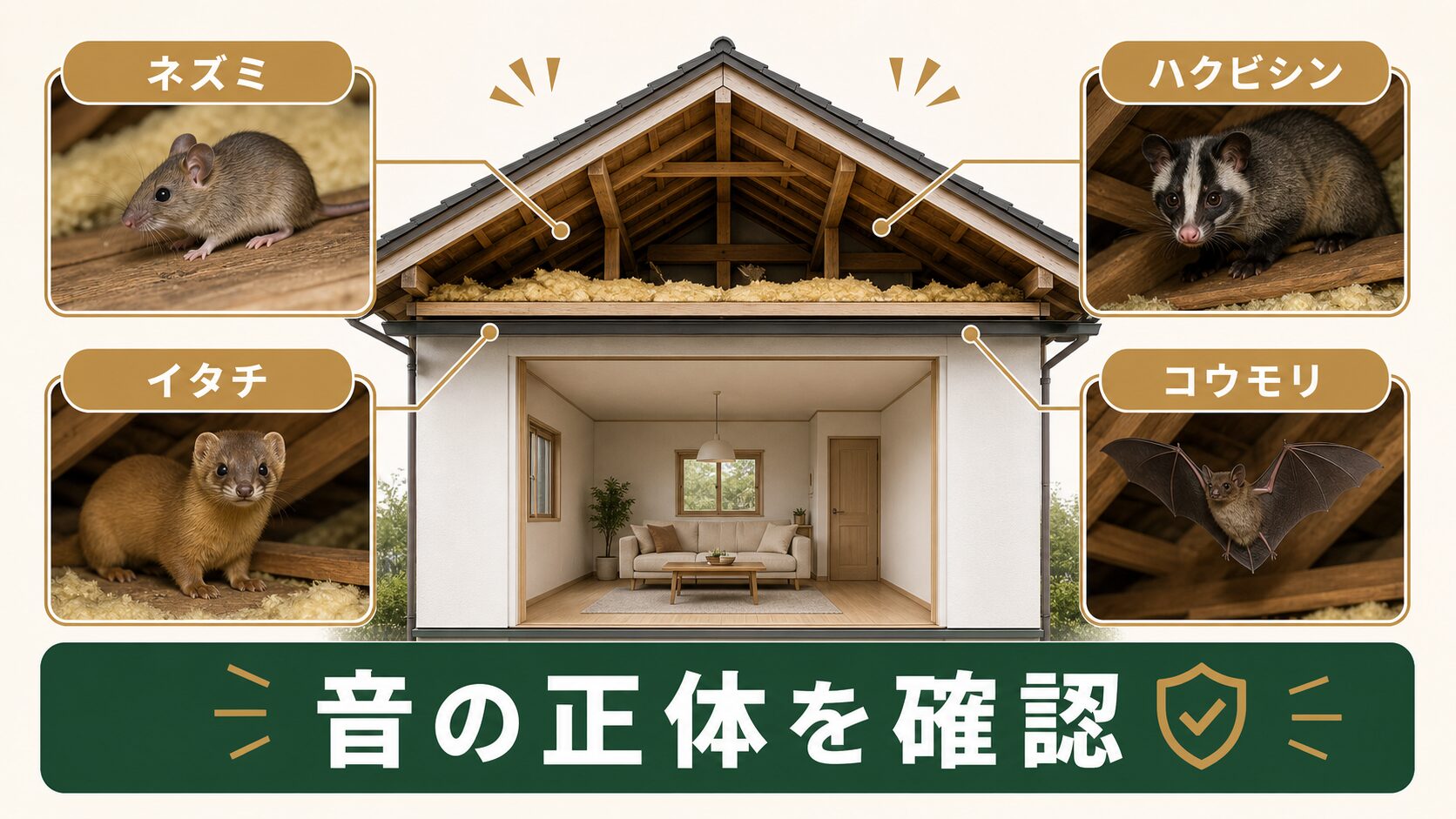 天井裏で物音の正体を確認しているイメージ