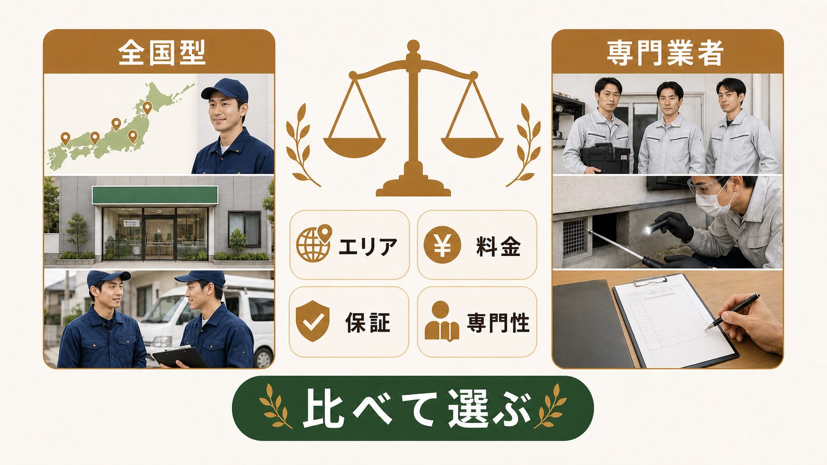 害獣駆除110番と直接契約の専門業者、どちらを選ぶべきかのイメージ