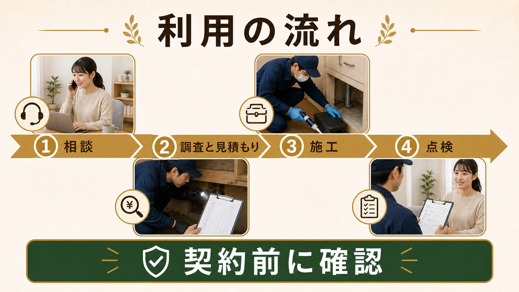 相談から解決まで、害獣駆除110番が仲介する一連の流れのイメージ