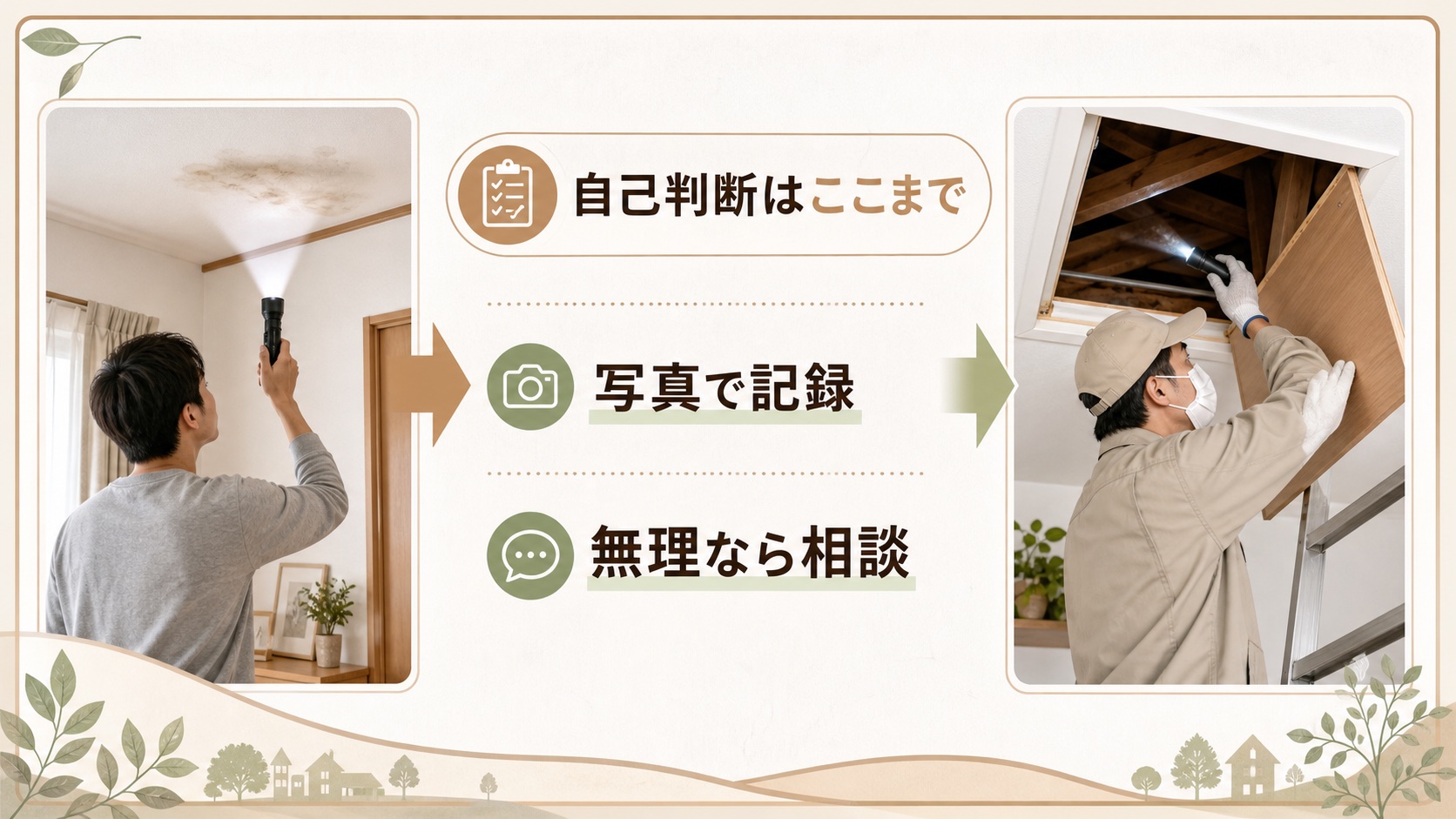 天井シミを自分で確認し専門業者へ相談する流れのイメージ