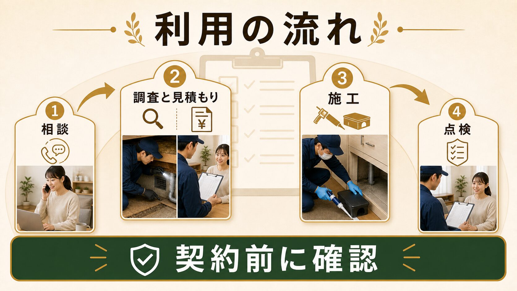 アサンテのネズミ駆除、申し込みから完全駆除までの4つのSTEPのイメージ