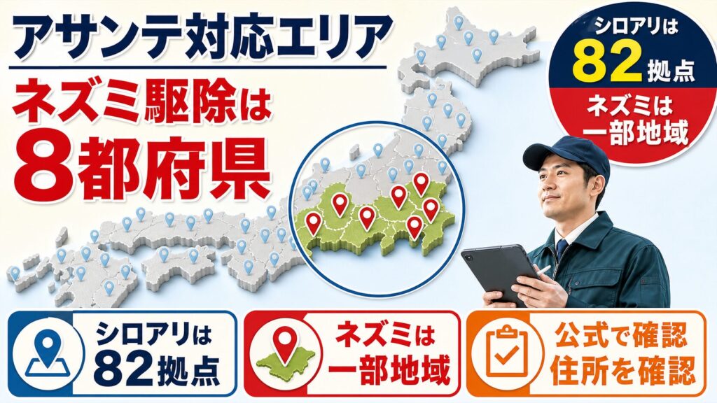 アサンテの対応エリアの違い（シロアリとネズミ駆除）を示すイメージ
