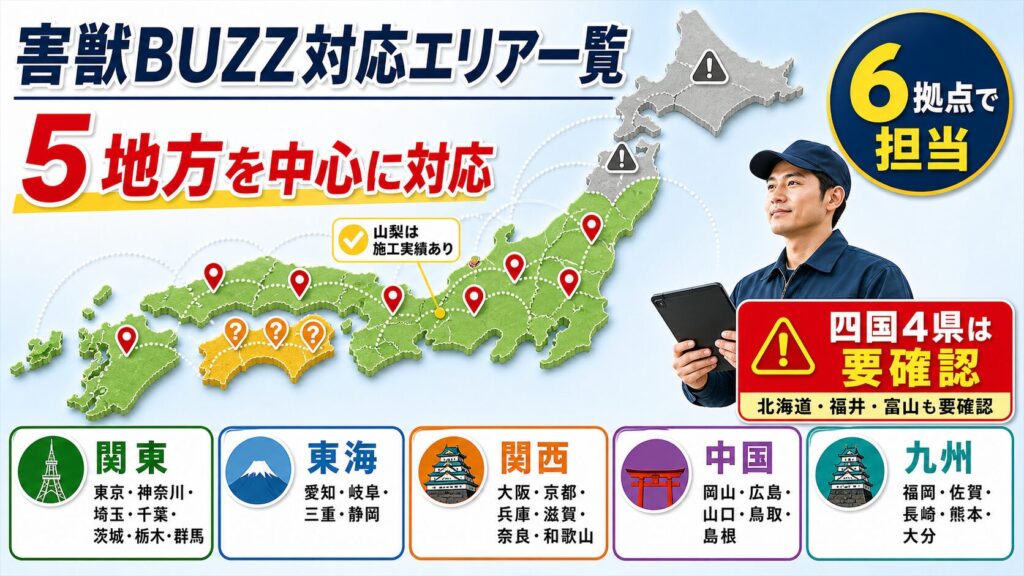 害獣BUZZの対応エリア（5地方・6拠点）を示す地図