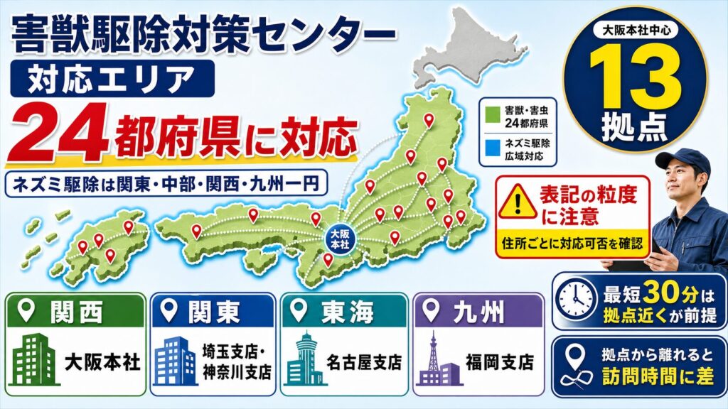害獣駆除対策センターの対応エリア一覧｜関東・関西・東海の24都府県