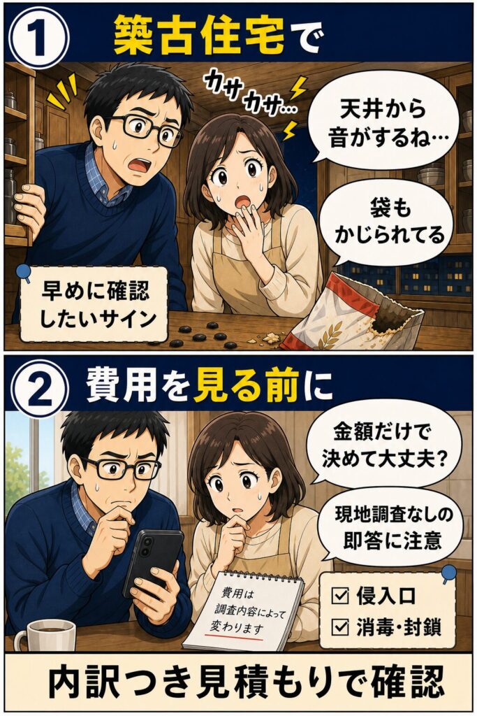 築古住宅の天井裏の物音サインと、費用は内訳つき見積もりで確認すべきことを伝える4コマ漫画（1/2）