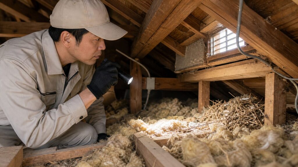 懐中電灯で屋根裏を点検している様子