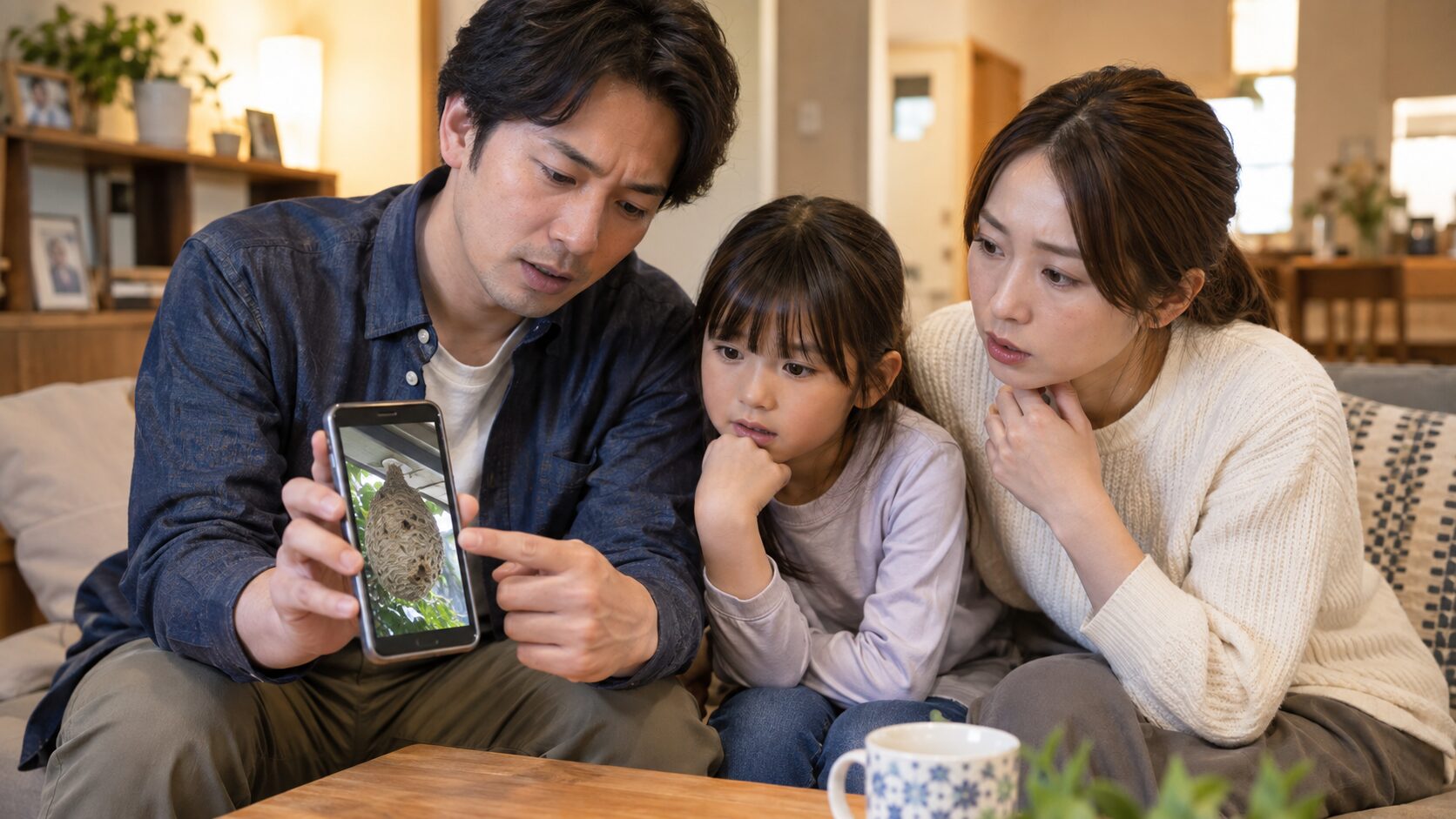 家族に巣の発見を伝えている様子