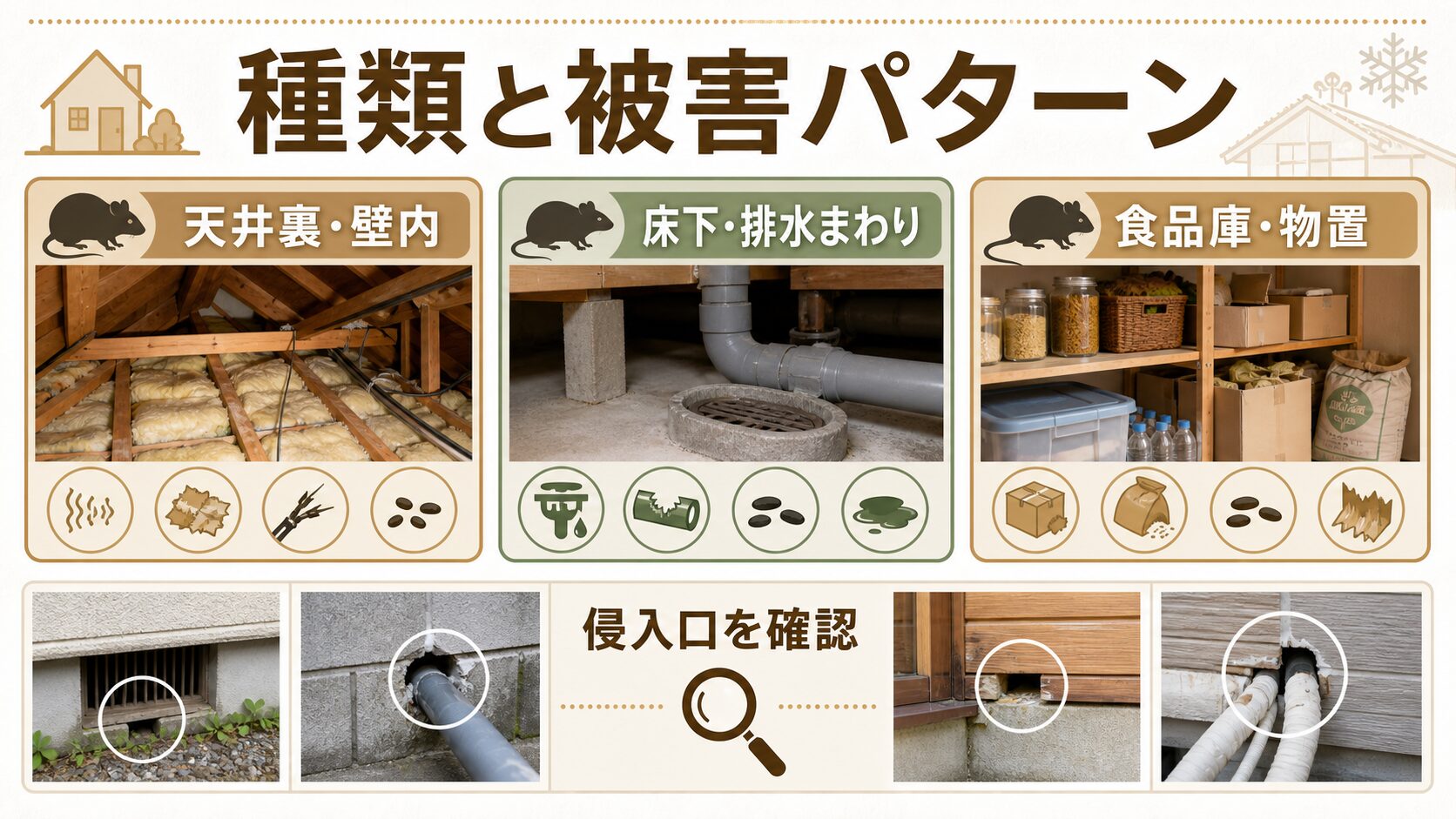 自宅に出るネズミは3種類｜見た目と被害の傾向を知っておこうのイメージ