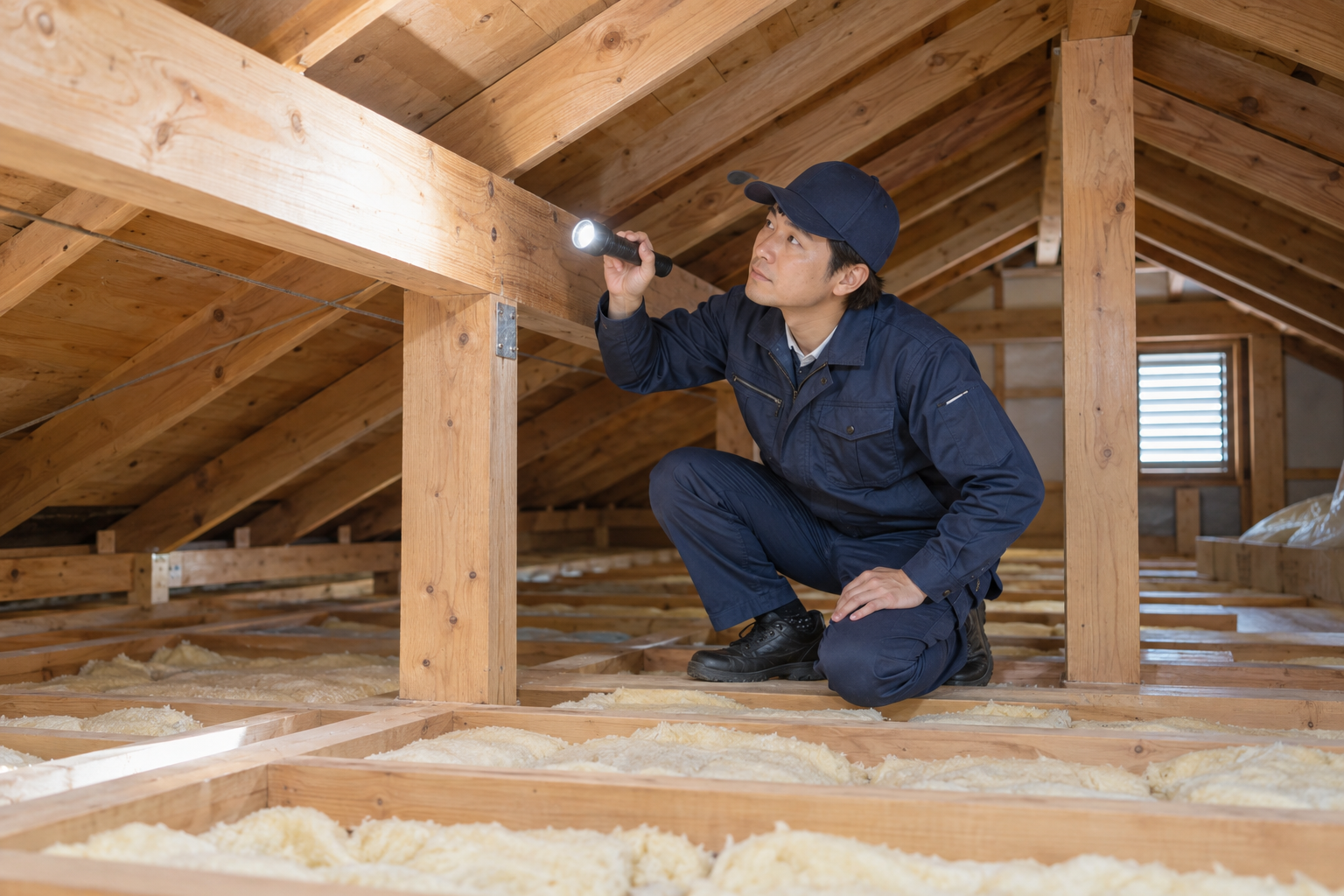 屋根裏を点検する害獣・害虫駆除の作業員