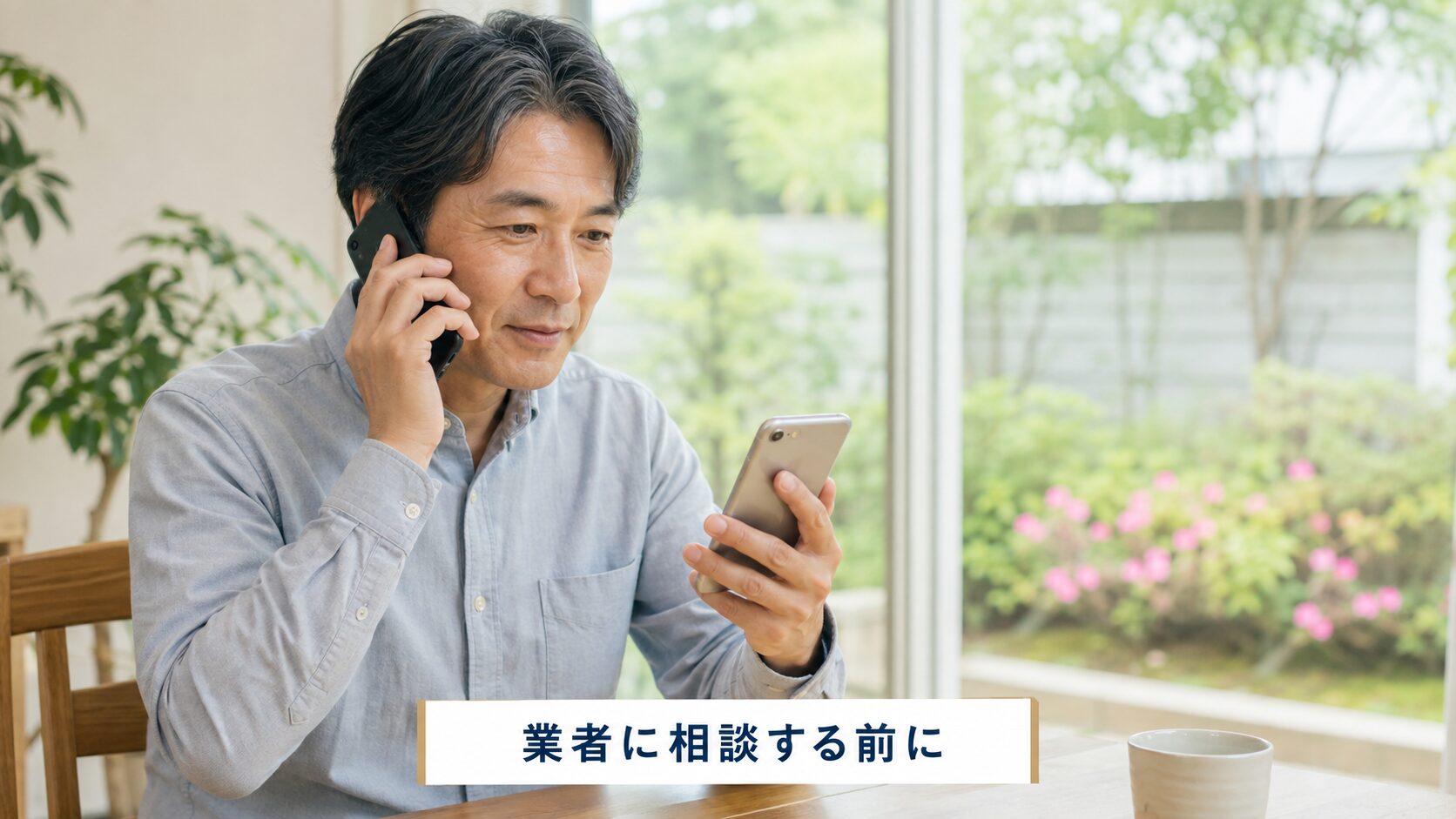 駆除業者に電話で相談している様子
