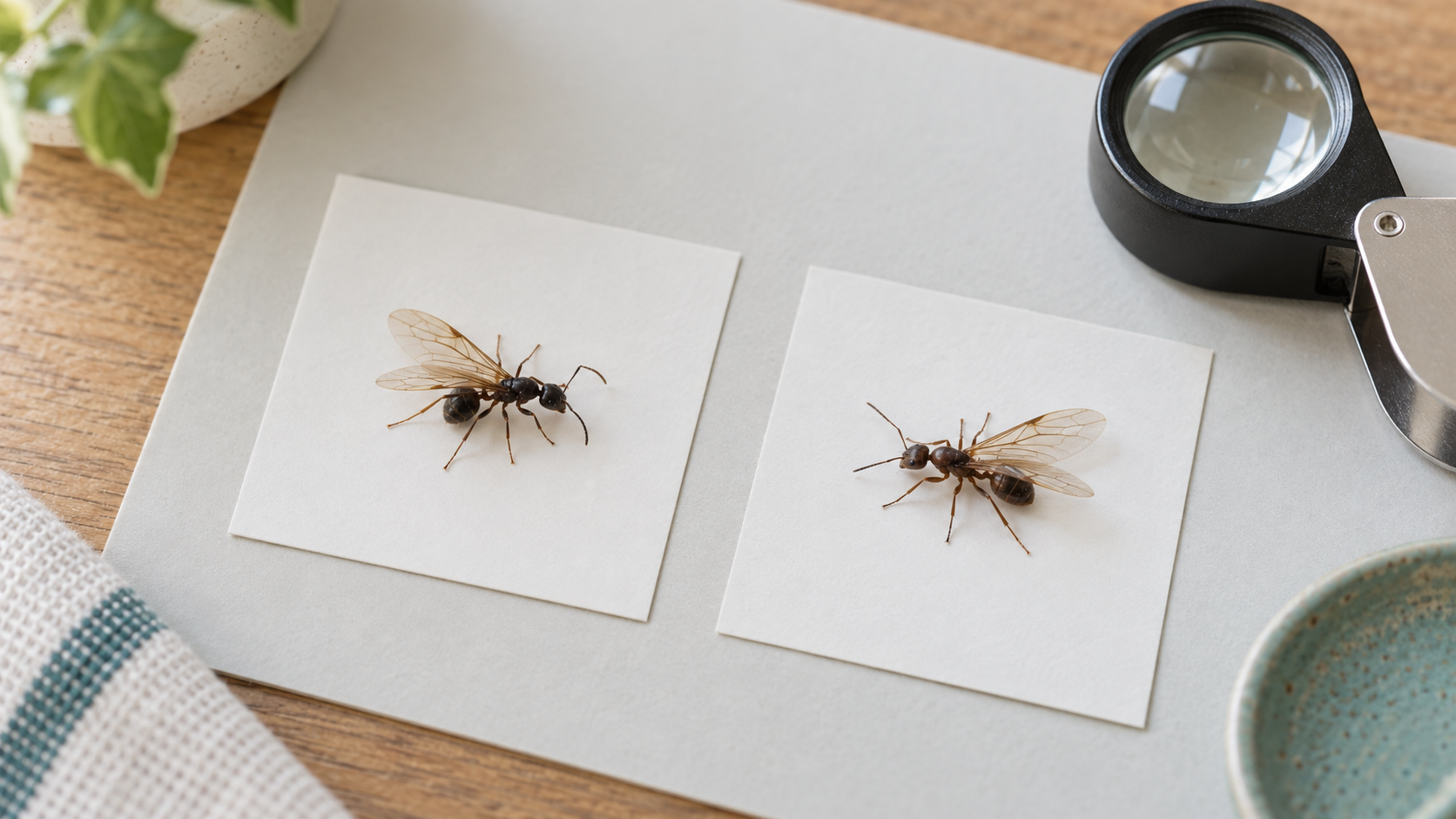羽アリの体のくびれと羽の形を見比べるイメージ